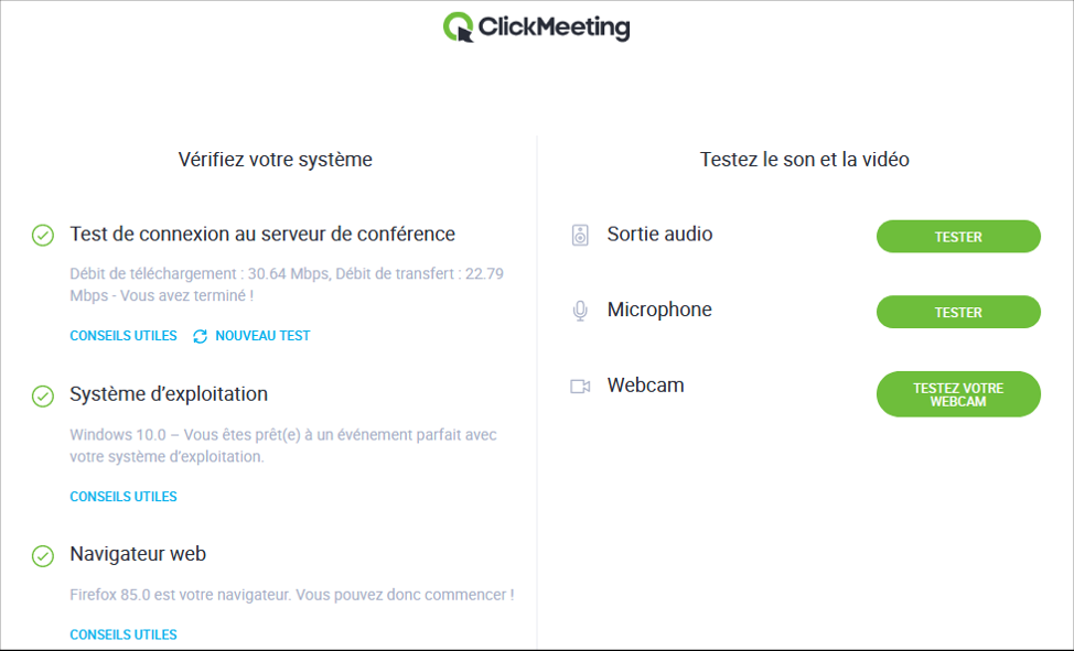 Visuel de la page de test sur ClickMeeting