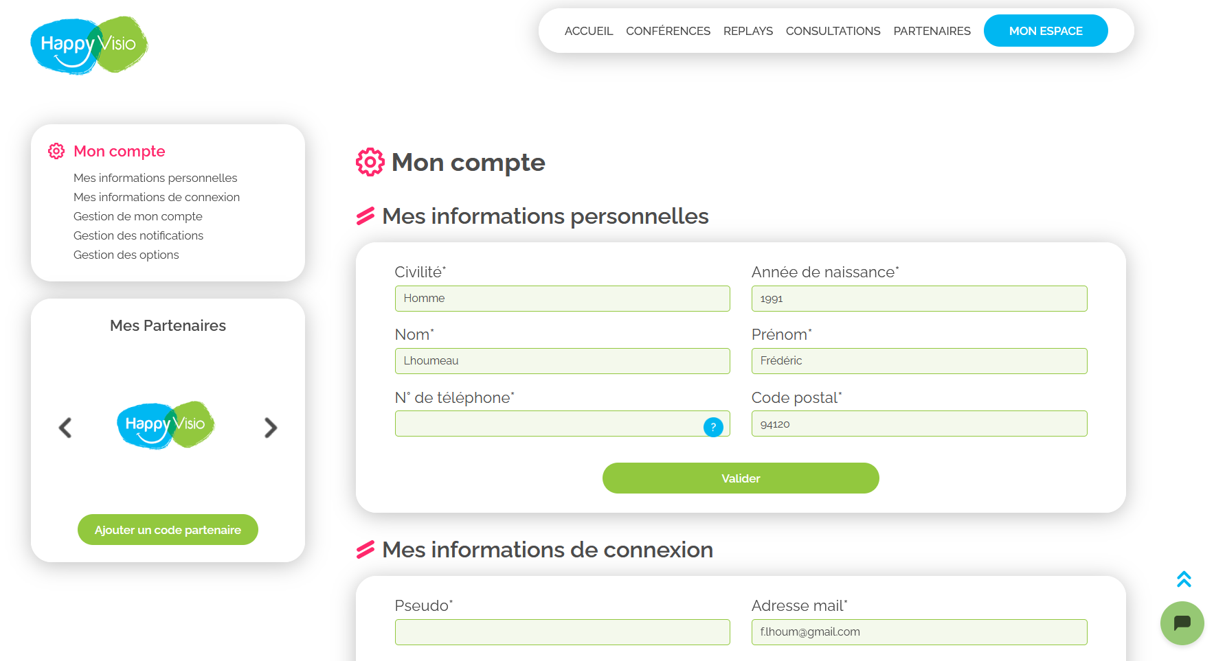 Visuel de la page Mon compte 